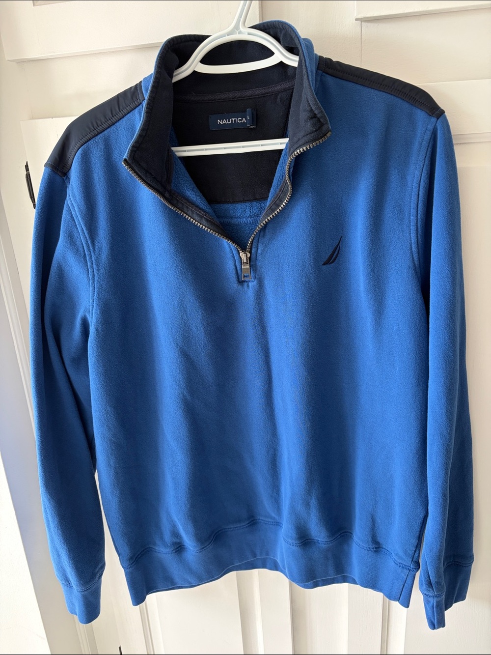 Nautica Men’s Royal Blue Zip-Neck Fleece Pullover with Black Shoulder Detail